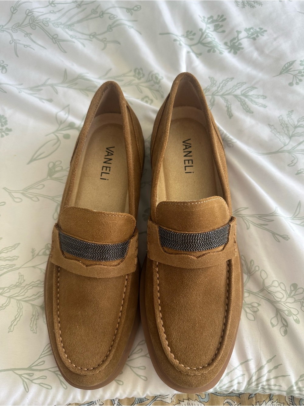 Vaneli Chestnut Suede Penny Loafers with Textured Strap new